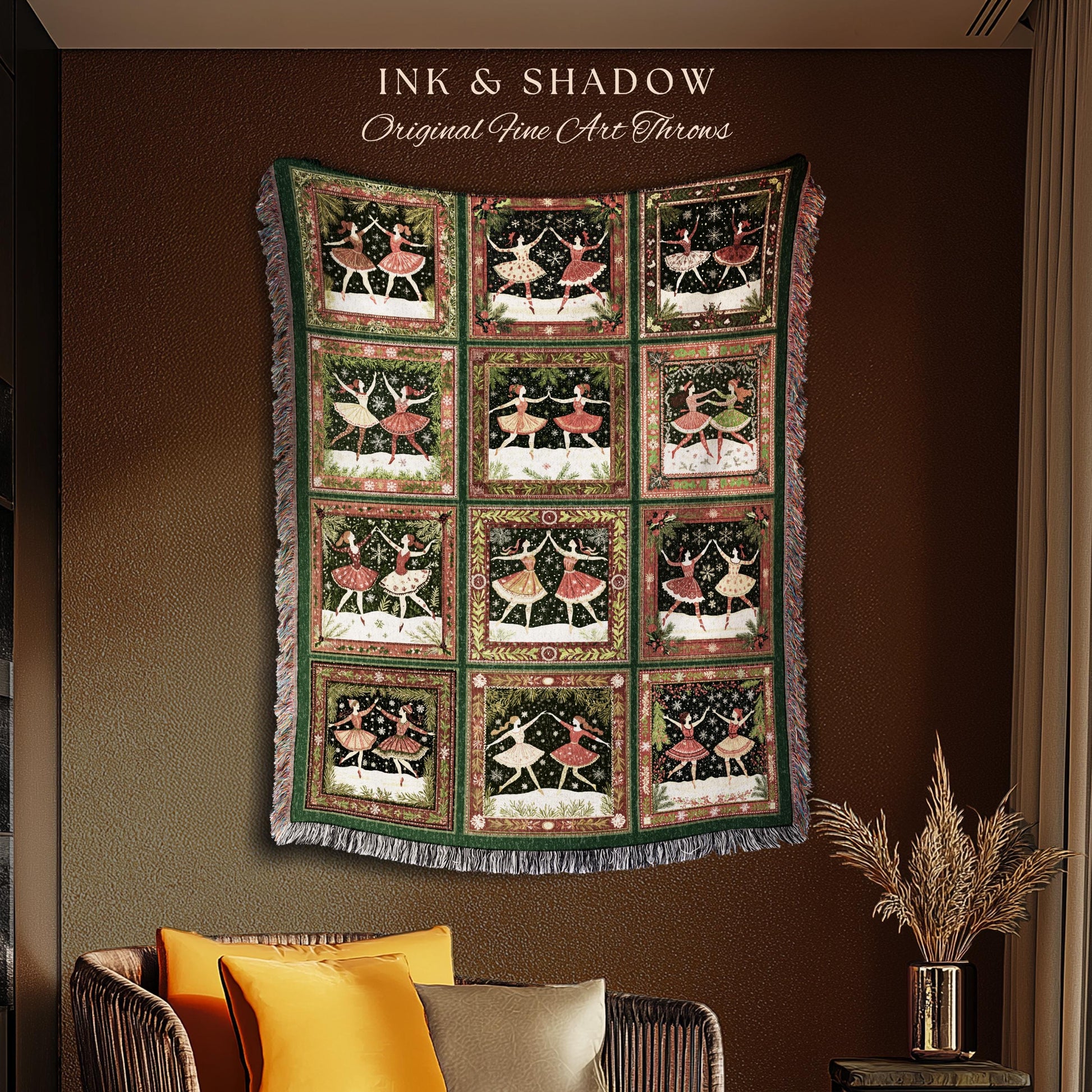 Folk Art Festive Winter Holiday Ballet Dancers Woven Tapestry Throw | Cozy Cottagecore Blanket Whimsical Christmas Nostalgic Home Decor Gift
