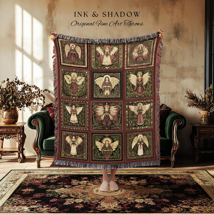 Rustic Angels Eclectic Woven Tapestry | Festive Holy Night Throw Blanket Vintage Aesthetic Whimsical Fairies Elegant Celestial Spirits Gift