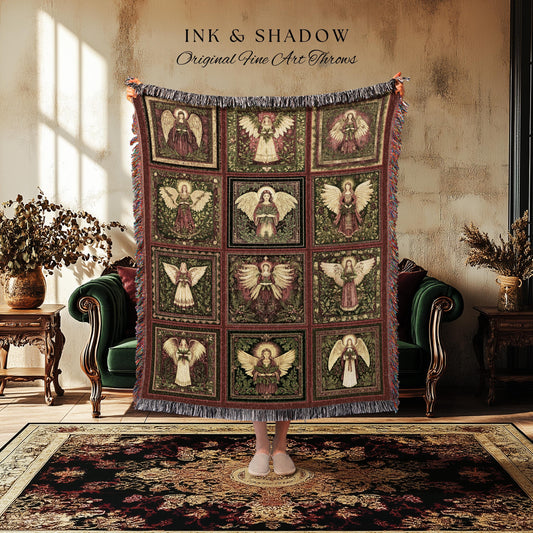 Rustic Angels Eclectic Woven Tapestry | Festive Holy Night Throw Blanket Vintage Aesthetic Whimsical Fairies Elegant Celestial Spirits Gift