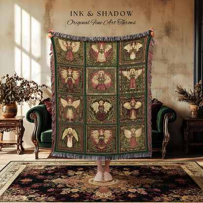 Victorian Christmas Angel Woven Tapestry Patchwork Throw Blanket | Traditional Holiday Jacquard Vintage Heirloom Style Cozy Holy Night Decor
