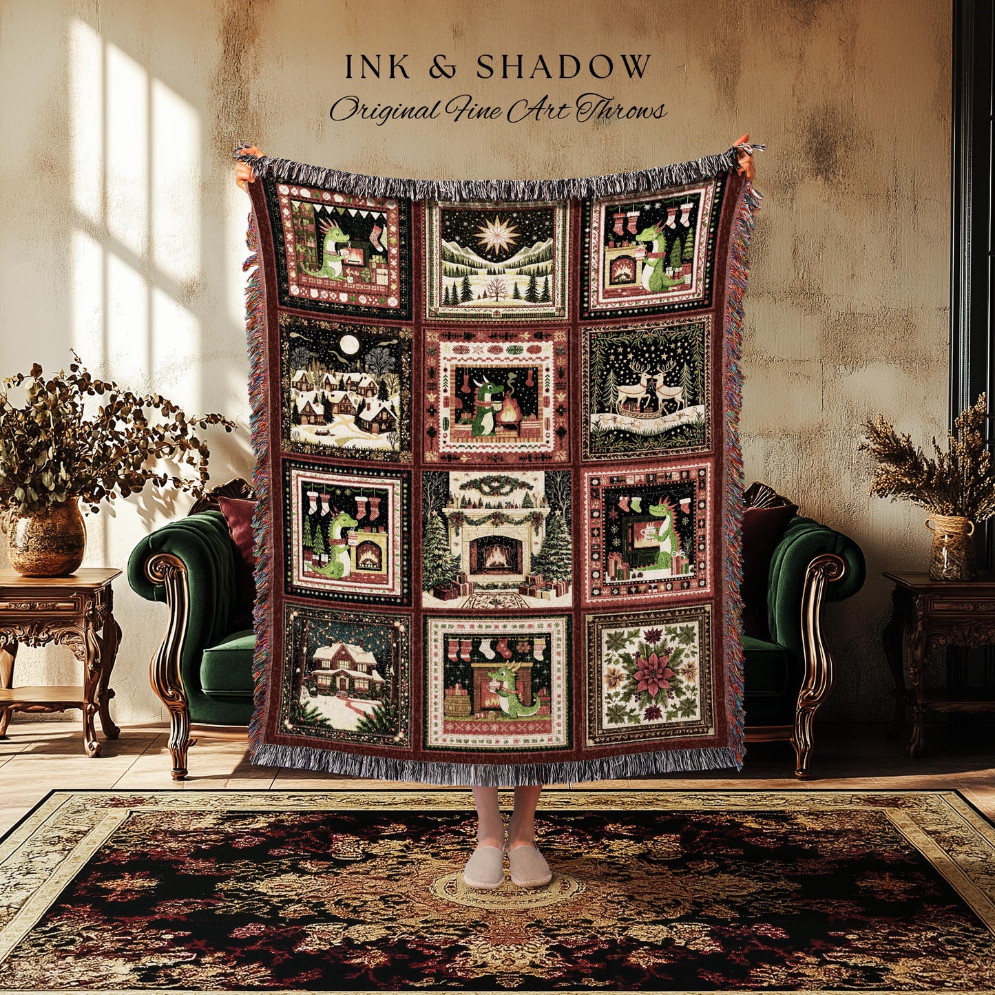 Cute Festive Charm Throw Blanket | Eclectic Boho Dragon Woven Tapestry Cottagecore Holiday Home Decor North Star Whimsical Style Accent |