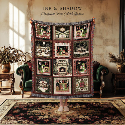 Cute Festive Charm Throw Blanket | Eclectic Boho Dragon Woven Tapestry Cottagecore Holiday Home Decor North Star Whimsical Style Accent |