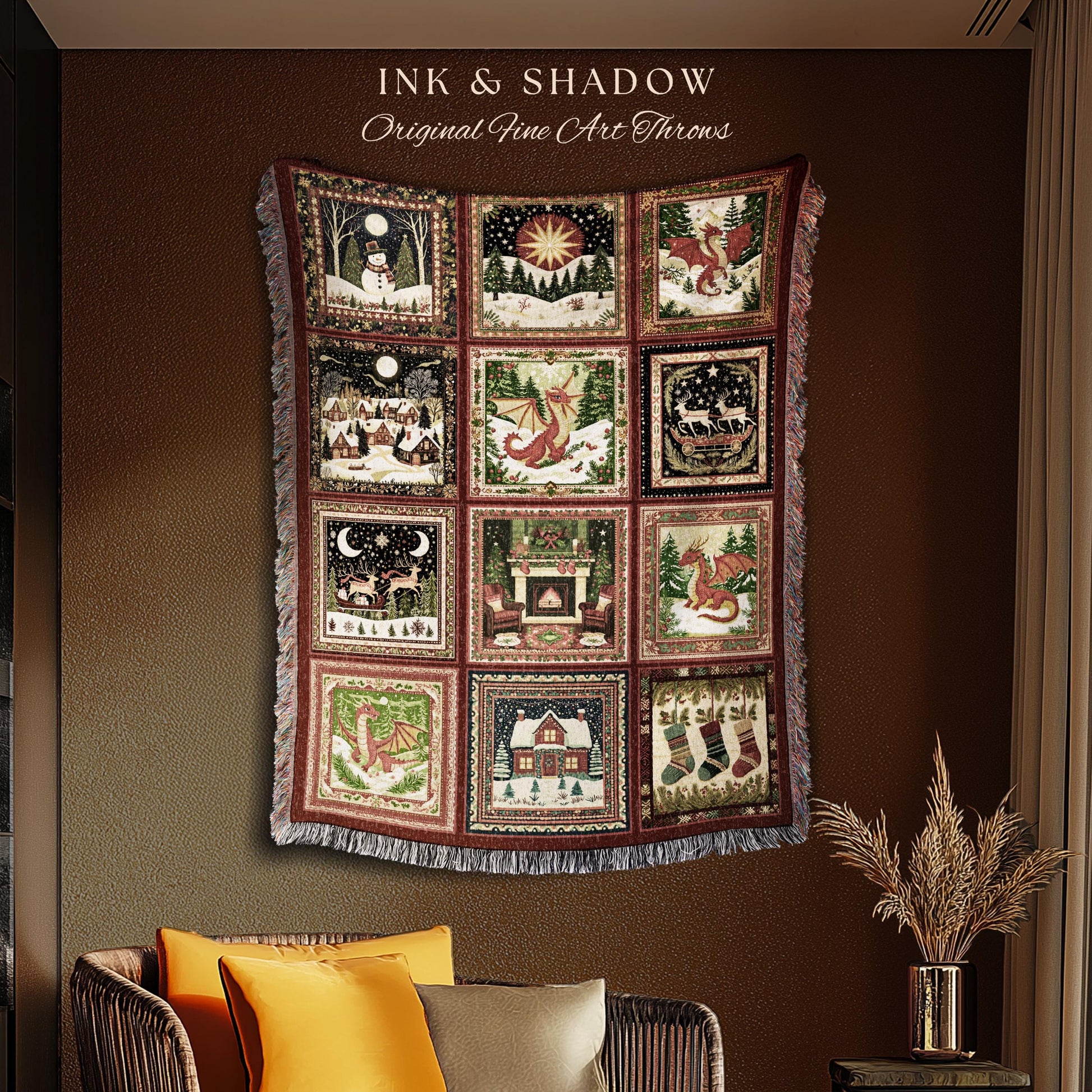 Enchanted Festive Dragon Blanket | Cozy Holiday Cottagecore Decor Boho Whimsical Reindeer Woven Tapestry Nostalgic Seasonal Home Accent |