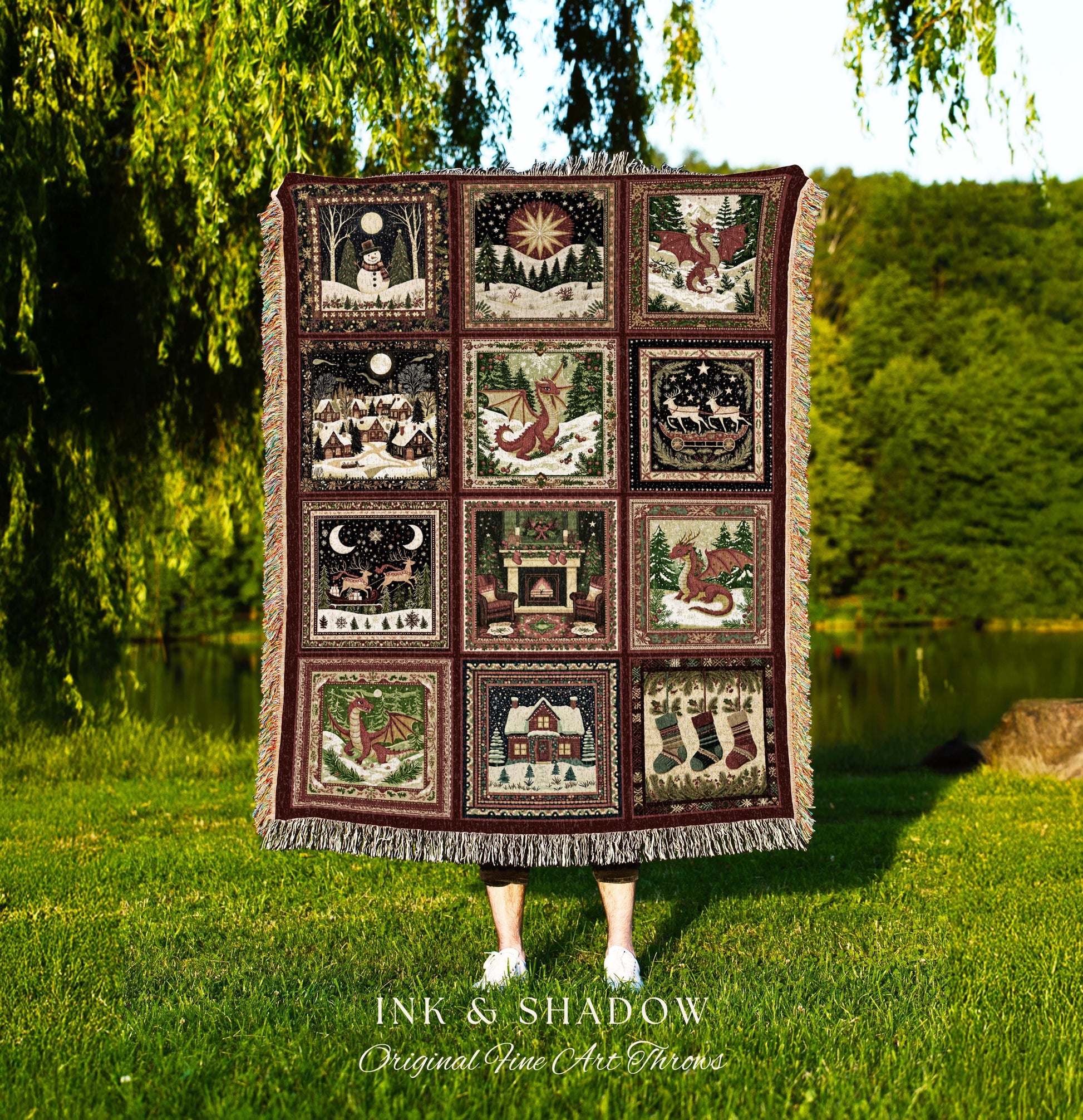 Enchanted Festive Dragon Blanket | Cozy Holiday Cottagecore Decor Boho Whimsical Reindeer Woven Tapestry Nostalgic Seasonal Home Accent |