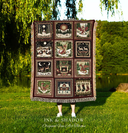 Enchanted Festive Dragon Blanket | Cozy Holiday Cottagecore Decor Boho Whimsical Reindeer Woven Tapestry Nostalgic Seasonal Home Accent |