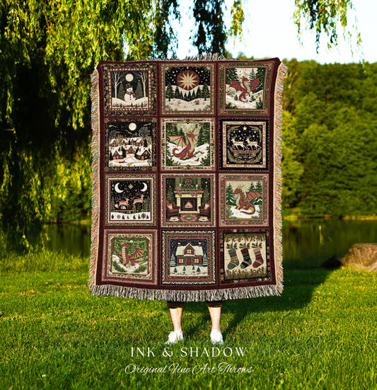 Enchanted Festive Dragon Blanket | Cozy Holiday Cottagecore Decor Boho Whimsical Reindeer Woven Tapestry Nostalgic Seasonal Home Accent |