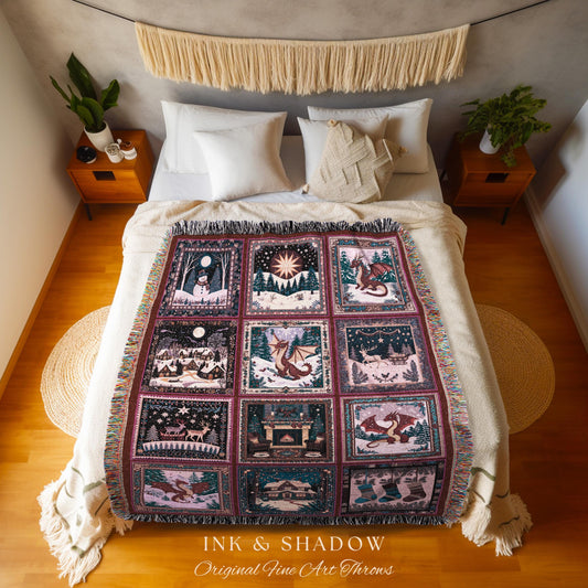 Winter Dragon Whimsical Woven Blanket | Whimsical Christmas Cottagecore Boho Cozy Patchwork Nostalgic Festive Tapestry Seasonal Accent Cute