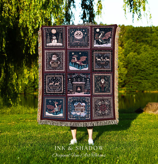 Sugarplum Dragon Whimsical Woven Blanket | Festive Nostalgic Cozy Cute Christmas Whimsical Seasonal Boho Holiday Tapestry Winter Home Accent
