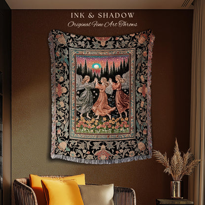 Midsummer Aesthetic Angel Tapestry | Medieval Angels Dancing Witchy Aesthetic Dreamy Fairytale Folklore Woven Throw Blanket Bohemian Magic