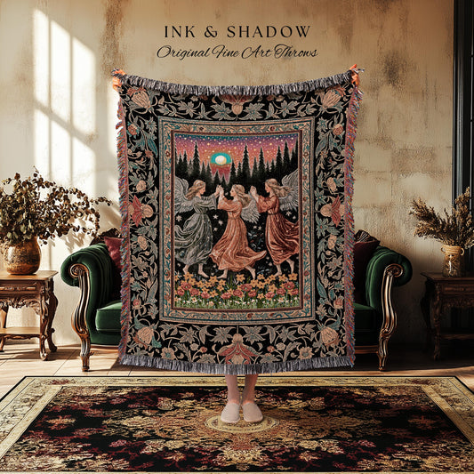 Midsummer Aesthetic Angel Tapestry | Medieval Angels Dancing Witchy Aesthetic Dreamy Fairytale Folklore Woven Throw Blanket Bohemian Magic