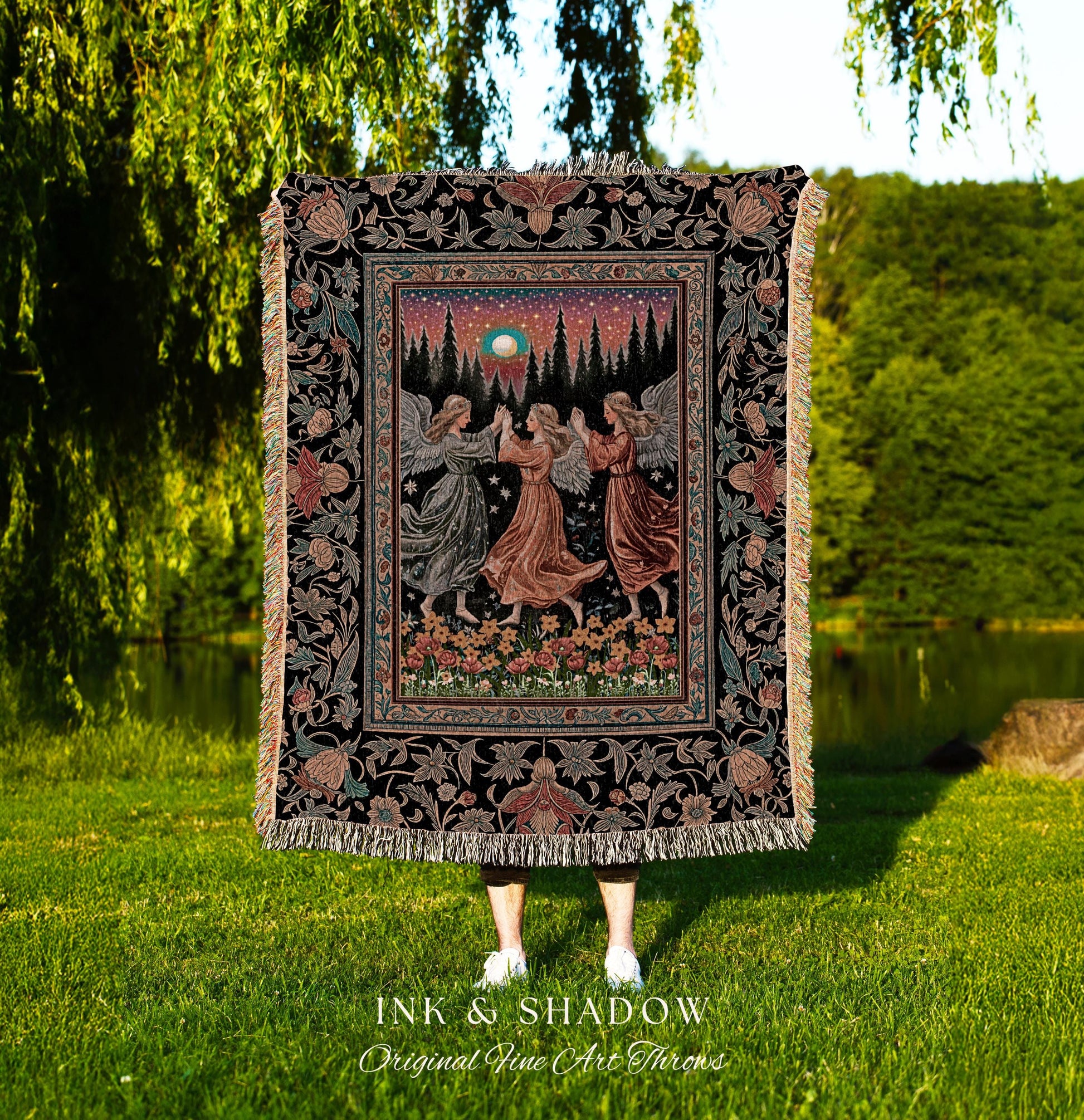 Midsummer Aesthetic Angel Tapestry | Medieval Angels Dancing Witchy Aesthetic Dreamy Fairytale Folklore Woven Throw Blanket Bohemian Magic