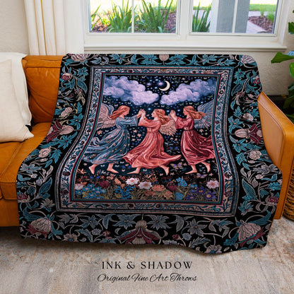 Celestial Angel Fairies Woven Throw | Witchy Fairycore Dreamy Aesthetic Woodland Folklore Wall Tapestry Mystic Cottagecore Fairies Ethereal