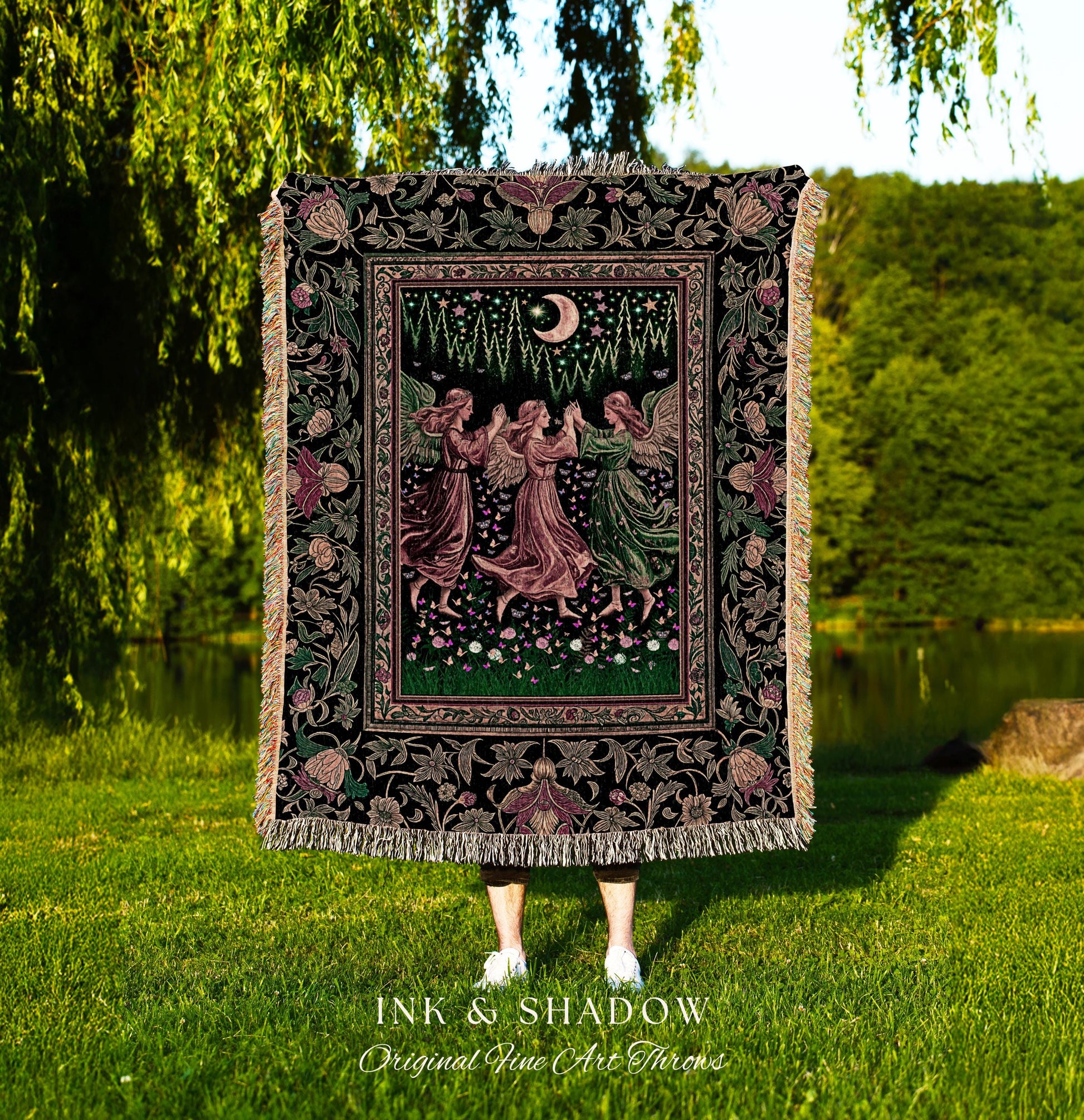 Moonlit Forest Nymph Woven Tapestry | Medieval Elegance Woodland Fairycore Dark Academia Throw Blanket Midsummer Aesthetic Scandi Folklore |
