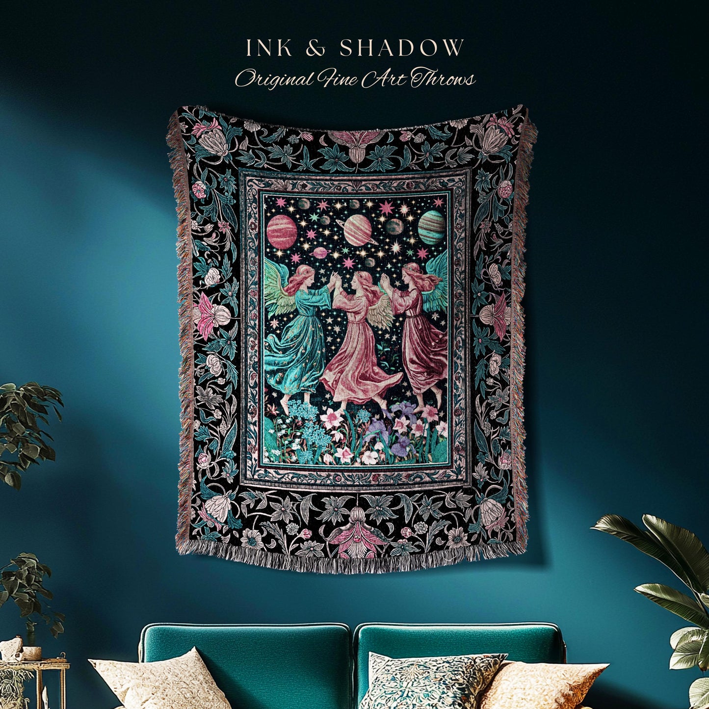 Witchy Celestial Angels Throw Blanket | Astrology Inspired Cosmic Woven Wall Tapestry Whimsical Eclectic Home Decor Fairycore Bohemian Style