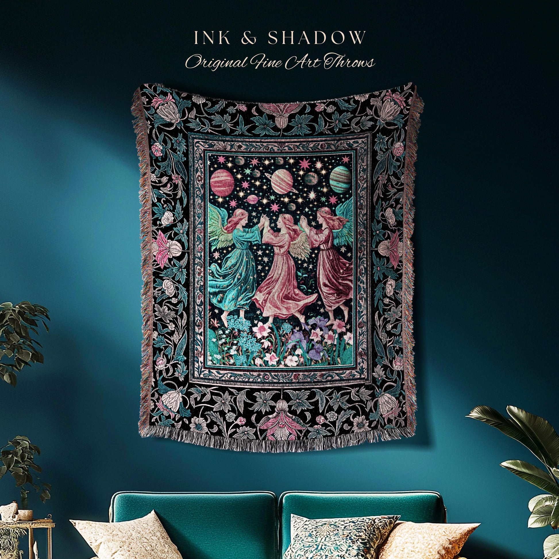 Witchy Celestial Angels Throw Blanket | Astrology Inspired Cosmic Woven Wall Tapestry Whimsical Eclectic Home Decor Fairycore Bohemian Style