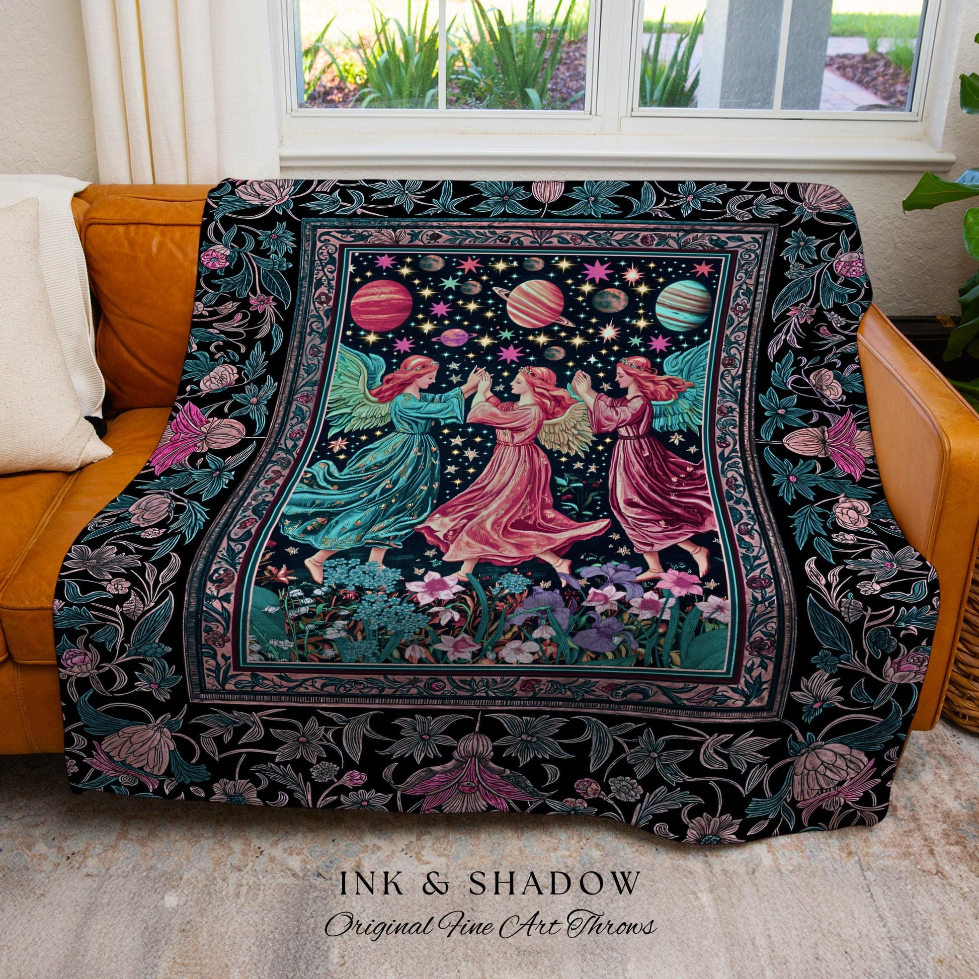 Witchy Celestial Angels Throw Blanket | Astrology Inspired Cosmic Woven Wall Tapestry Whimsical Eclectic Home Decor Fairycore Bohemian Style