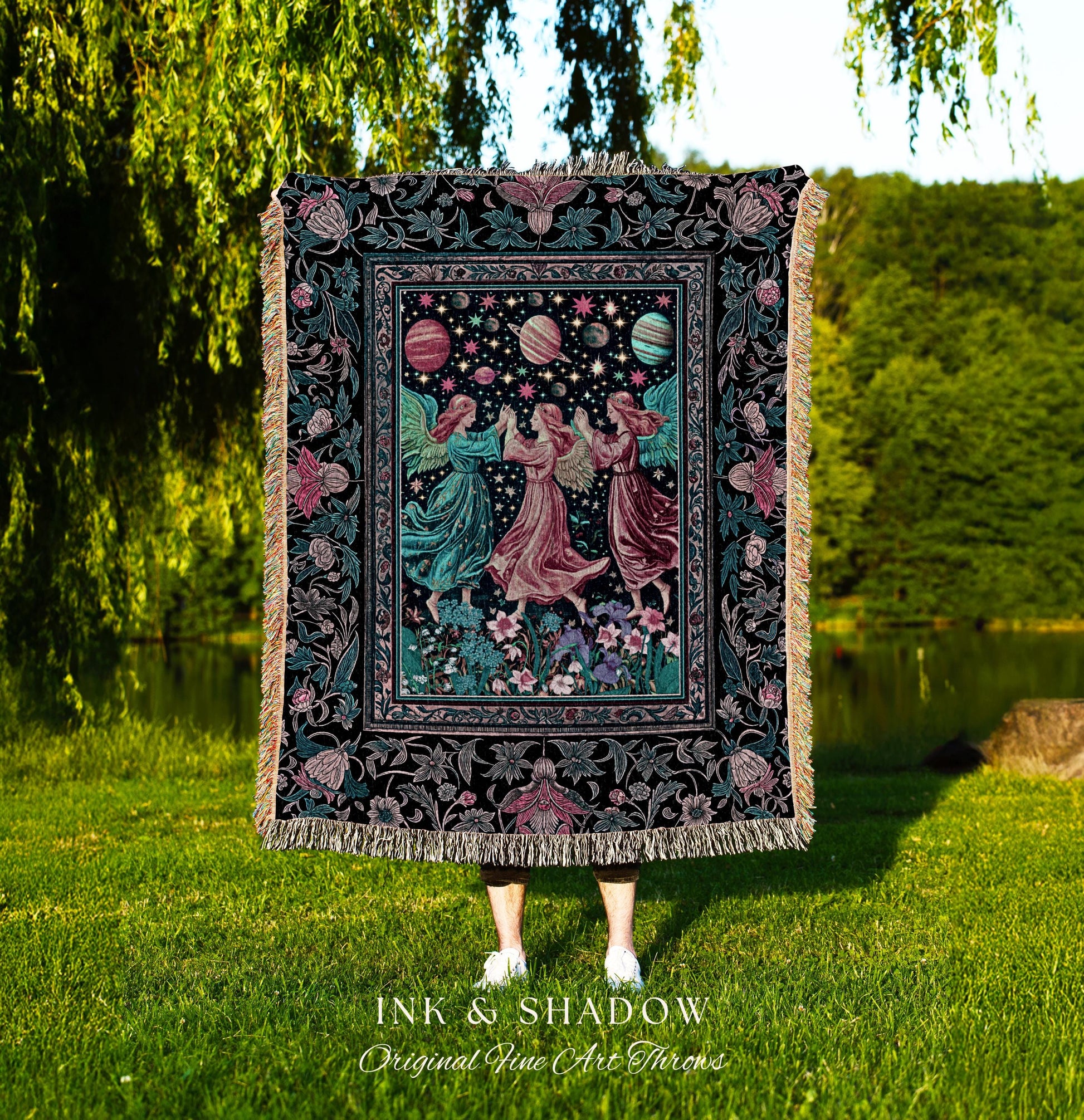 Witchy Celestial Angels Throw Blanket | Astrology Inspired Cosmic Woven Wall Tapestry Whimsical Eclectic Home Decor Fairycore Bohemian Style