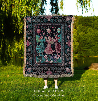 Witchy Celestial Angels Throw Blanket | Astrology Inspired Cosmic Woven Wall Tapestry Whimsical Eclectic Home Decor Fairycore Bohemian Style