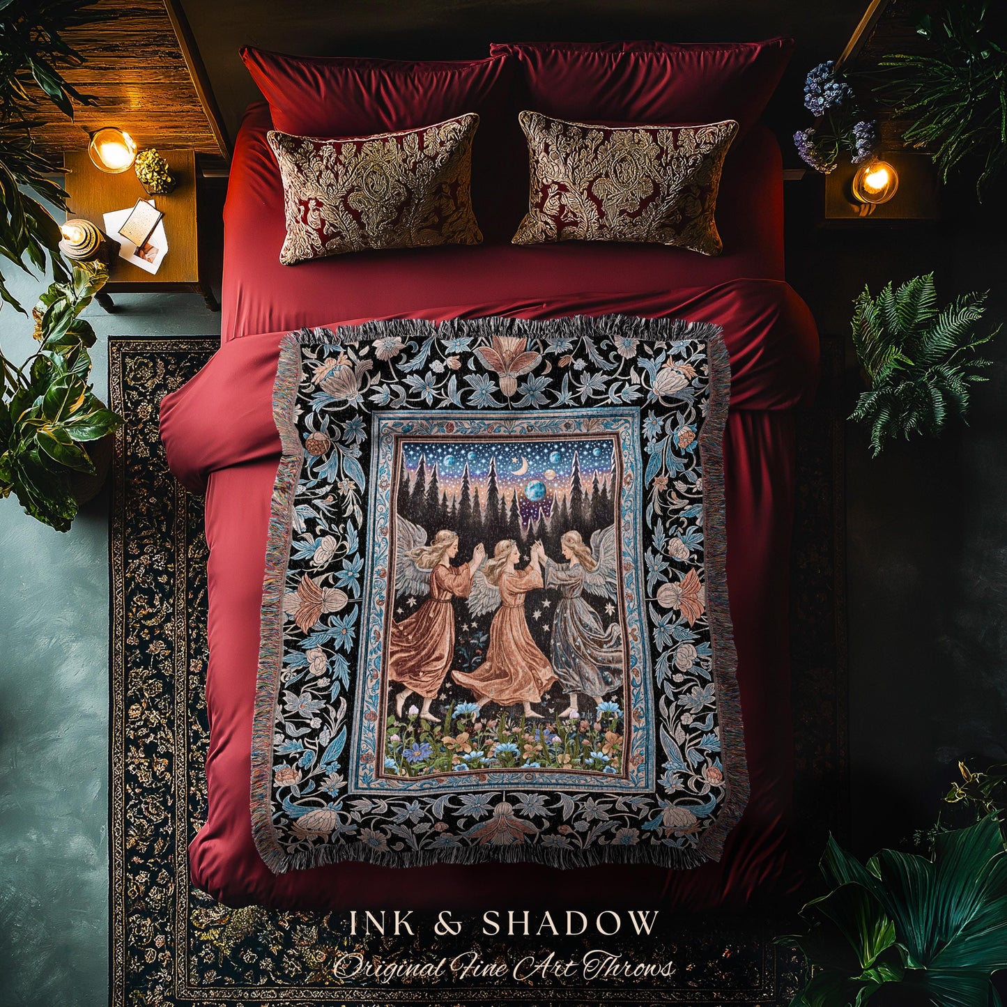 Woodland Folklore Fairies Tapestry | Medieval Moonlit Bohemian Woven Throw Blanket Dreamy Spirits Midsummer Aesthetic Dark Academia Bedroom