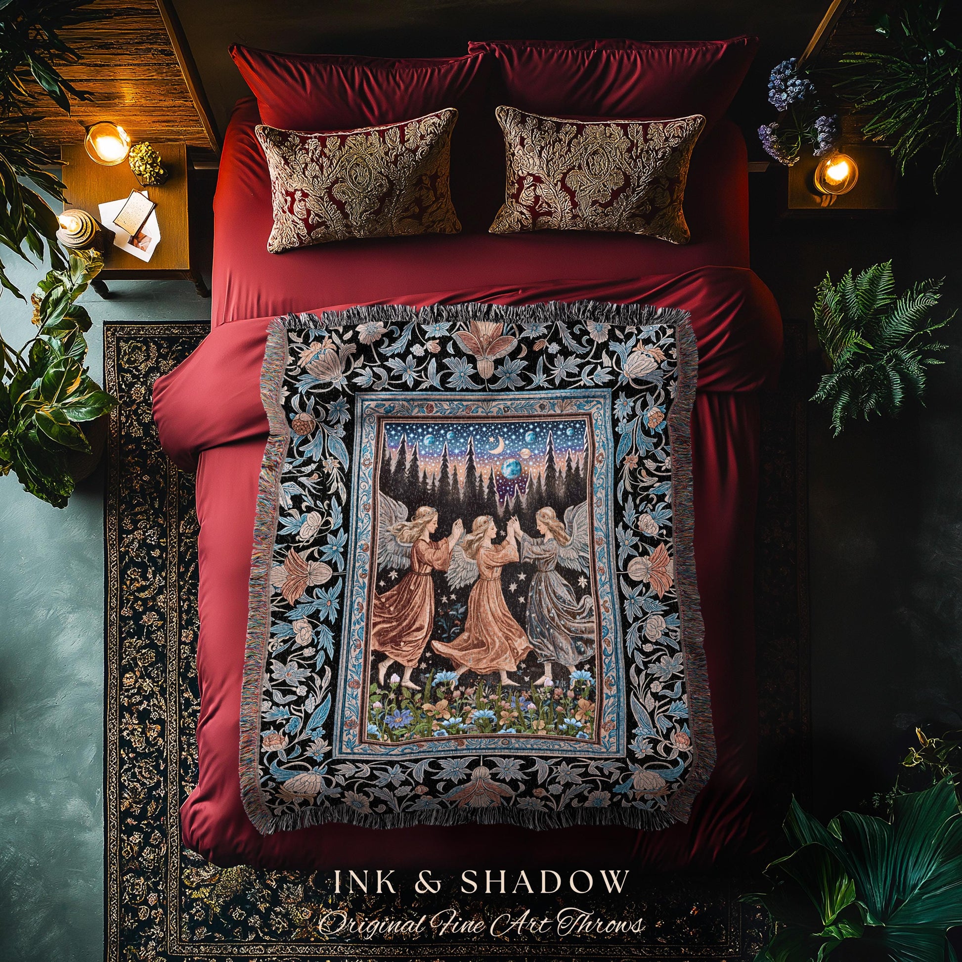 Woodland Folklore Fairies Tapestry | Medieval Moonlit Bohemian Woven Throw Blanket Dreamy Spirits Midsummer Aesthetic Dark Academia Bedroom