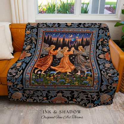 Woodland Folklore Fairies Tapestry | Medieval Moonlit Bohemian Woven Throw Blanket Dreamy Spirits Midsummer Aesthetic Dark Academia Bedroom