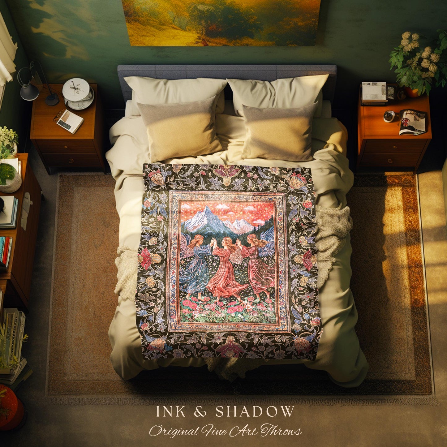 Enchanted Meadow Angel Blanket | Ethereal Dreamy Bohemian Cottagecore Light Academia Mystic Folklore Woven Tapestry Pastel Whimsical Decor