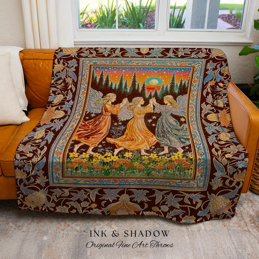 Retro Fairy Meadow Cozy Throw Blanket | Whimsigothic Wall Tapestry Cottagecore Dreamy Medieval Academia Aesthetic Mystic Folklore Enchanted
