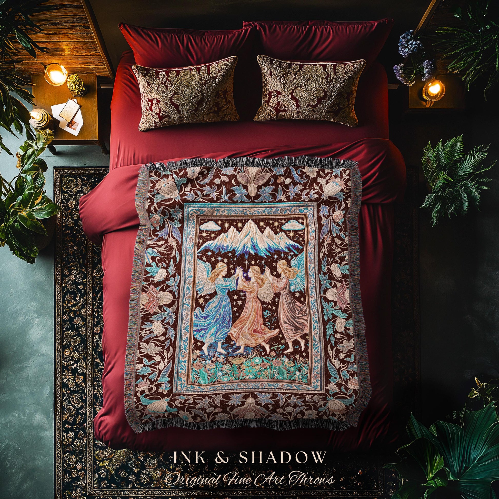 Spring Goddesses Wildflower Fairy Blanket | Medieval Academia Woven Tapestry Dark Cottagecore Dreamy Ethereal Fairytale Throw Fairycore Home