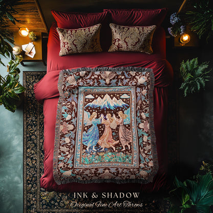 Spring Goddesses Wildflower Fairy Blanket | Medieval Academia Woven Tapestry Dark Cottagecore Dreamy Ethereal Fairytale Throw Fairycore Home