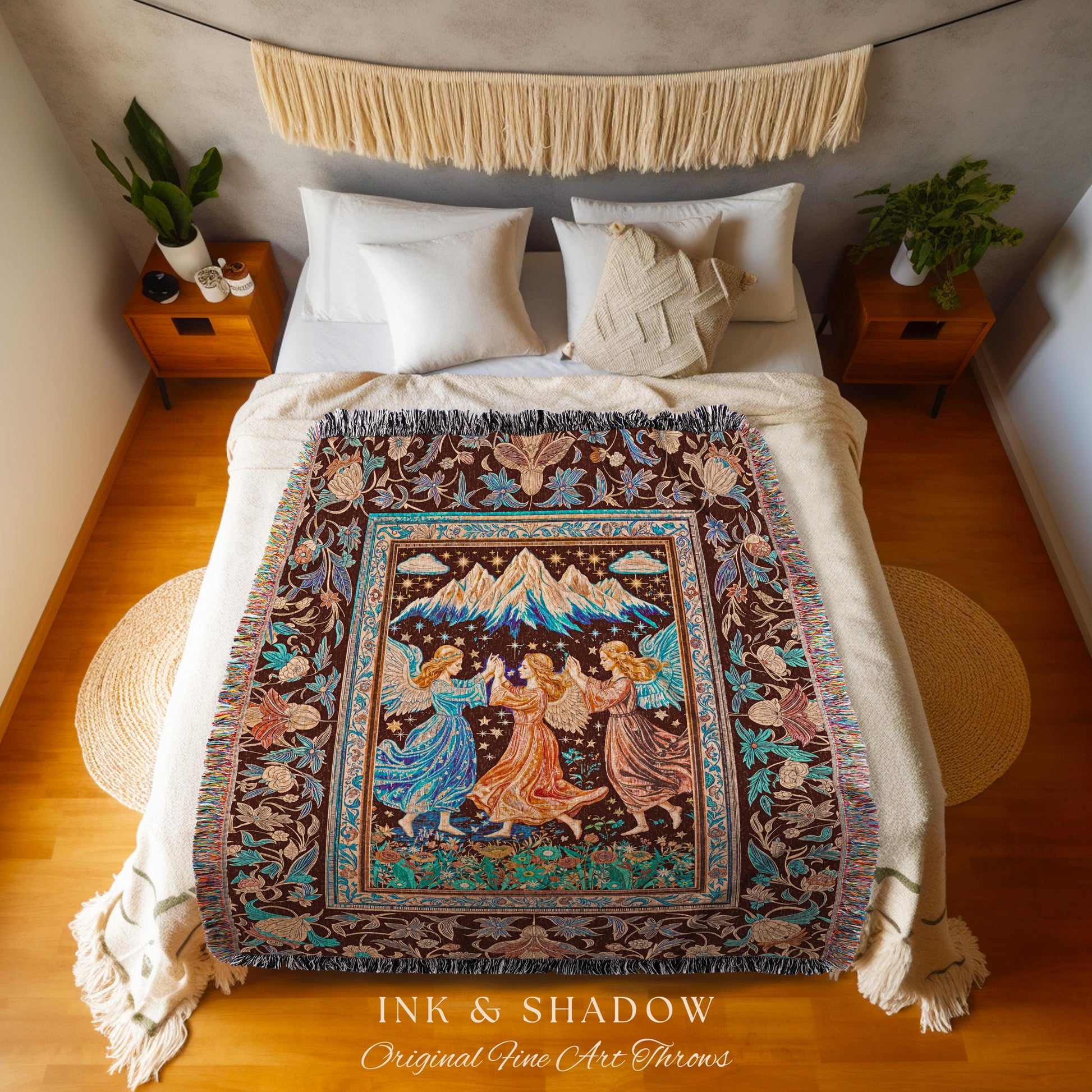 Spring Goddesses Wildflower Fairy Blanket | Medieval Academia Woven Tapestry Dark Cottagecore Dreamy Ethereal Fairytale Throw Fairycore Home