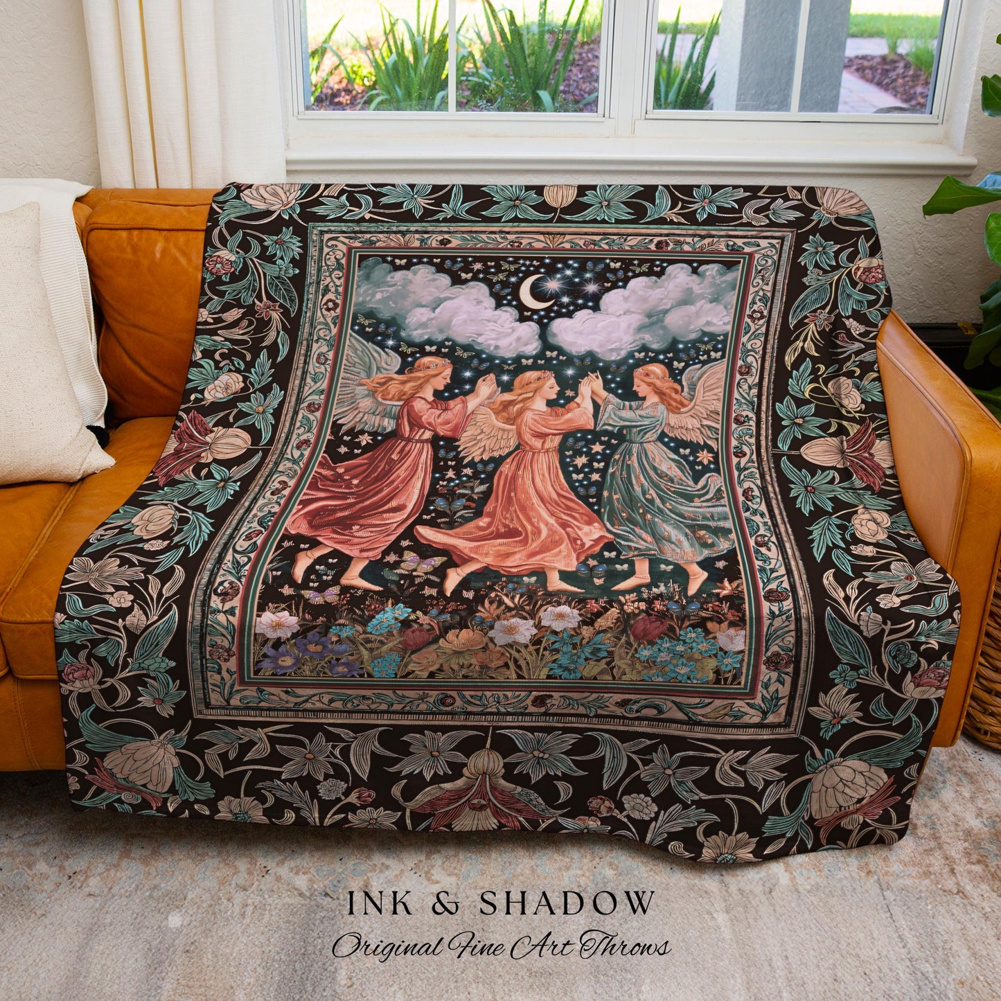 Medieval Pastel Angels Throw Blanket | Whimsical Fairytale Folklore Woven Tapestry Dark Academia Aesthetic Enchanted Cottagecore Ethereal |