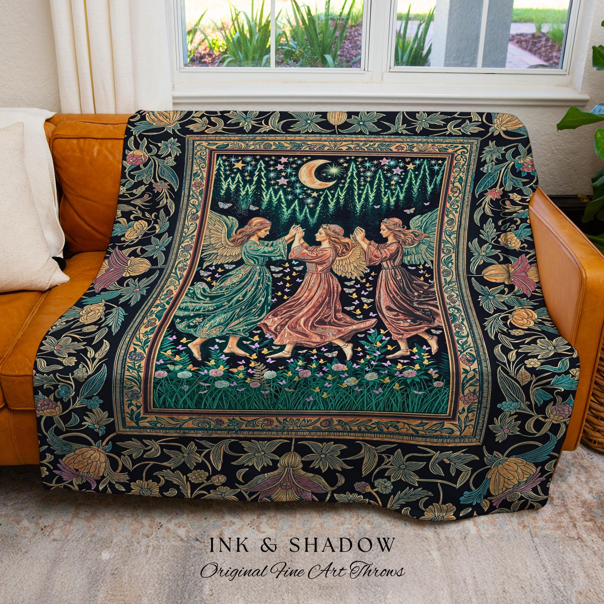 Moonlit Midsummer Night Angel Blanket | Ethereal Folklore Fairy Decor Cottagecore Medieval Dreamy Woven Tapestry Fairycore Dark Academia |