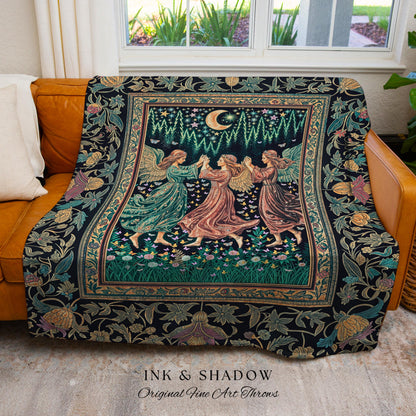Moonlit Midsummer Night Angel Blanket | Ethereal Folklore Fairy Decor Cottagecore Medieval Dreamy Woven Tapestry Fairycore Dark Academia |