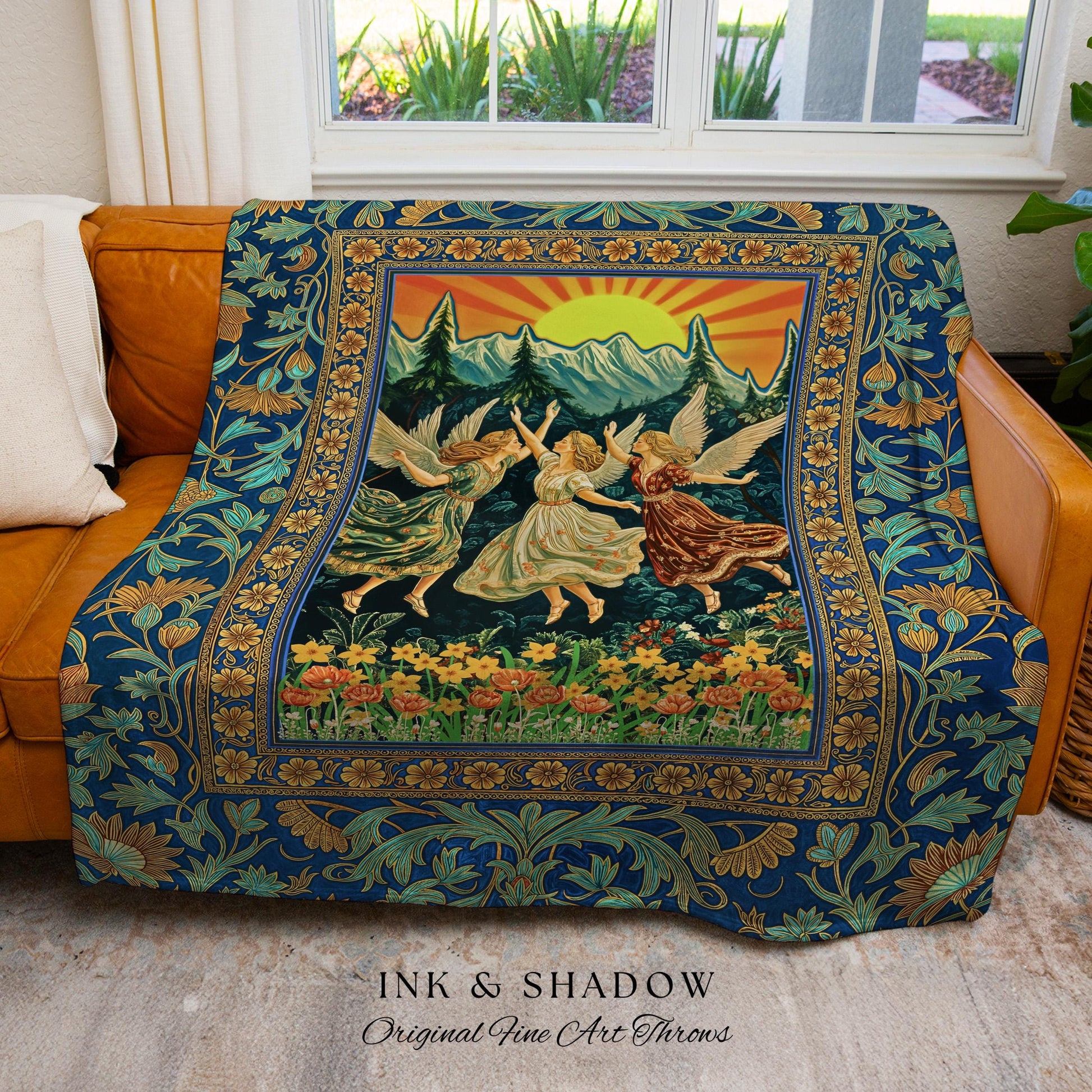 Art Nouveau Angel Forest Throw Blanket | Dreamy Folklore Fairycore Woven Tapestry Whimsical Mythology Cottagecore Retro Fairy Aesthetic Boho