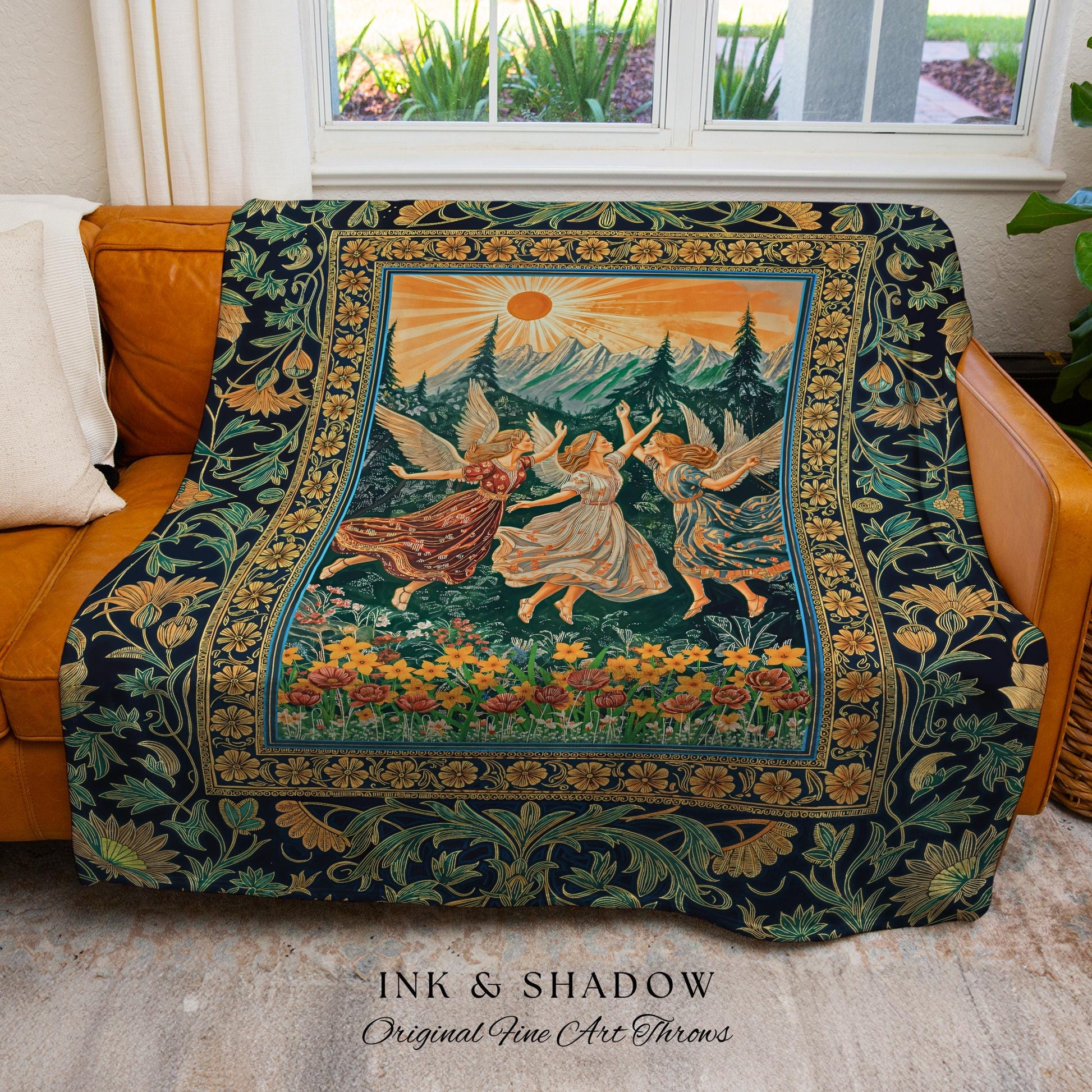 Rustic Forest Nymph Woven Throw | Art Nouveau Tapestry Retro Folklore Blanket Medieval Fairytale Midsummer Fairy Decor Whimsical Cottagecore