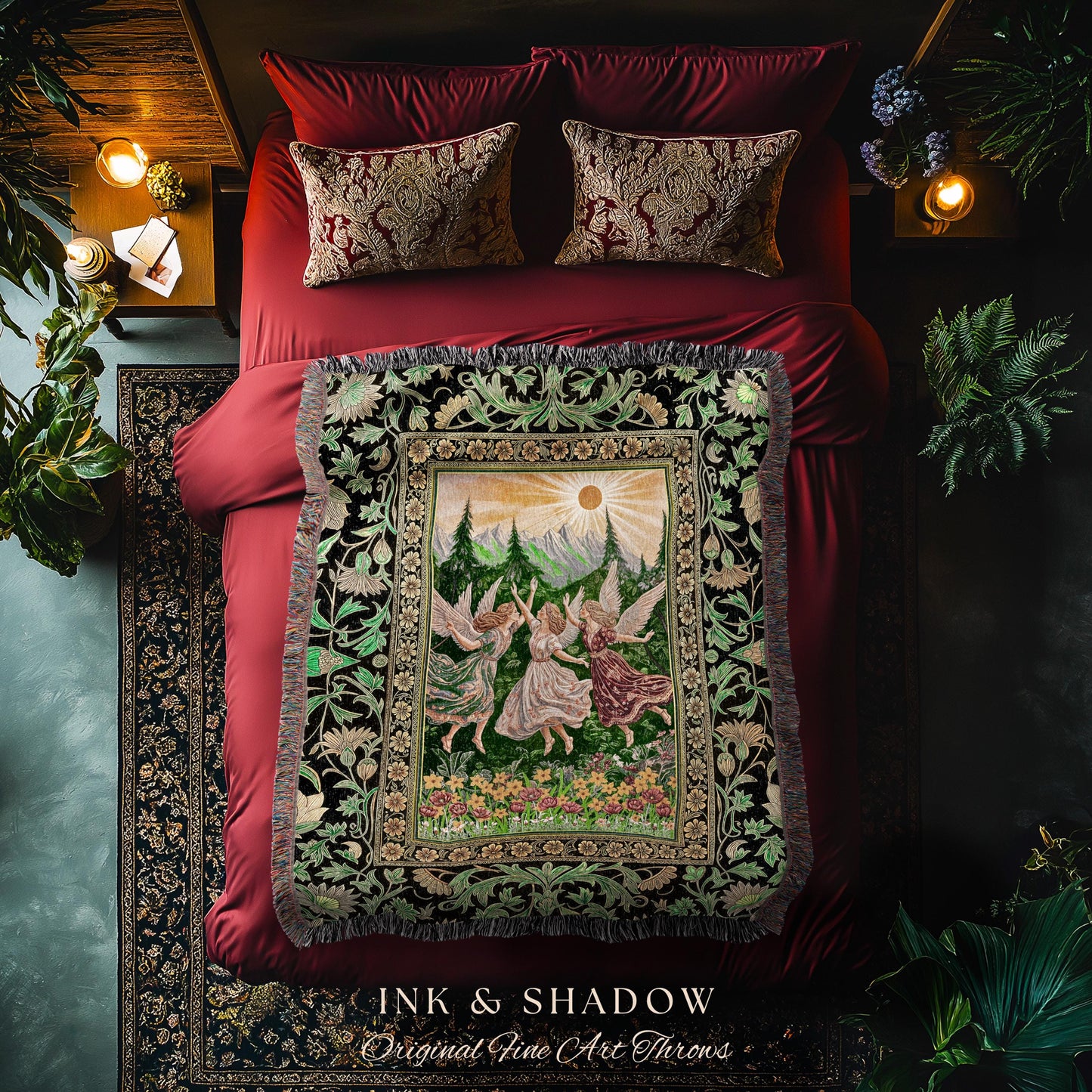 Dreamy Fairy Meadow Woven Tapestry | Midsummer Folklore Throw Blanket Fairycore Forest Nymph Decor Fairytale Cottagecore Retro Scandinavian