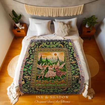 Dreamy Fairy Meadow Woven Tapestry | Midsummer Folklore Throw Blanket Fairycore Forest Nymph Decor Fairytale Cottagecore Retro Scandinavian