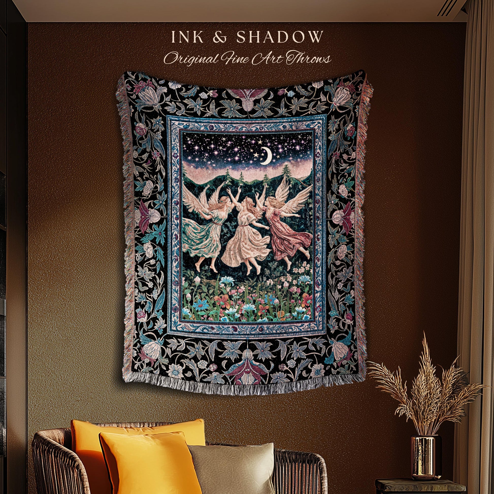 Nostalgic Fairytale Woodland Throw | Pastel Fairycore Dark Academia Blanket Medieval Angel Aesthetic Whimsical Woodland Enchanted Tapestry |