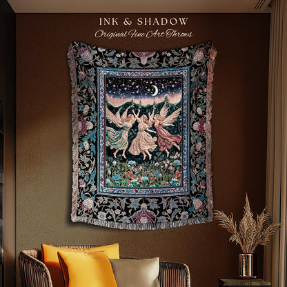 Nostalgic Fairytale Woodland Throw | Pastel Fairycore Dark Academia Blanket Medieval Angel Aesthetic Whimsical Woodland Enchanted Tapestry |