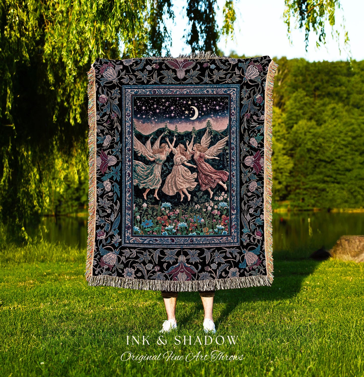 Nostalgic Fairytale Woodland Throw | Pastel Fairycore Dark Academia Blanket Medieval Angel Aesthetic Whimsical Woodland Enchanted Tapestry |