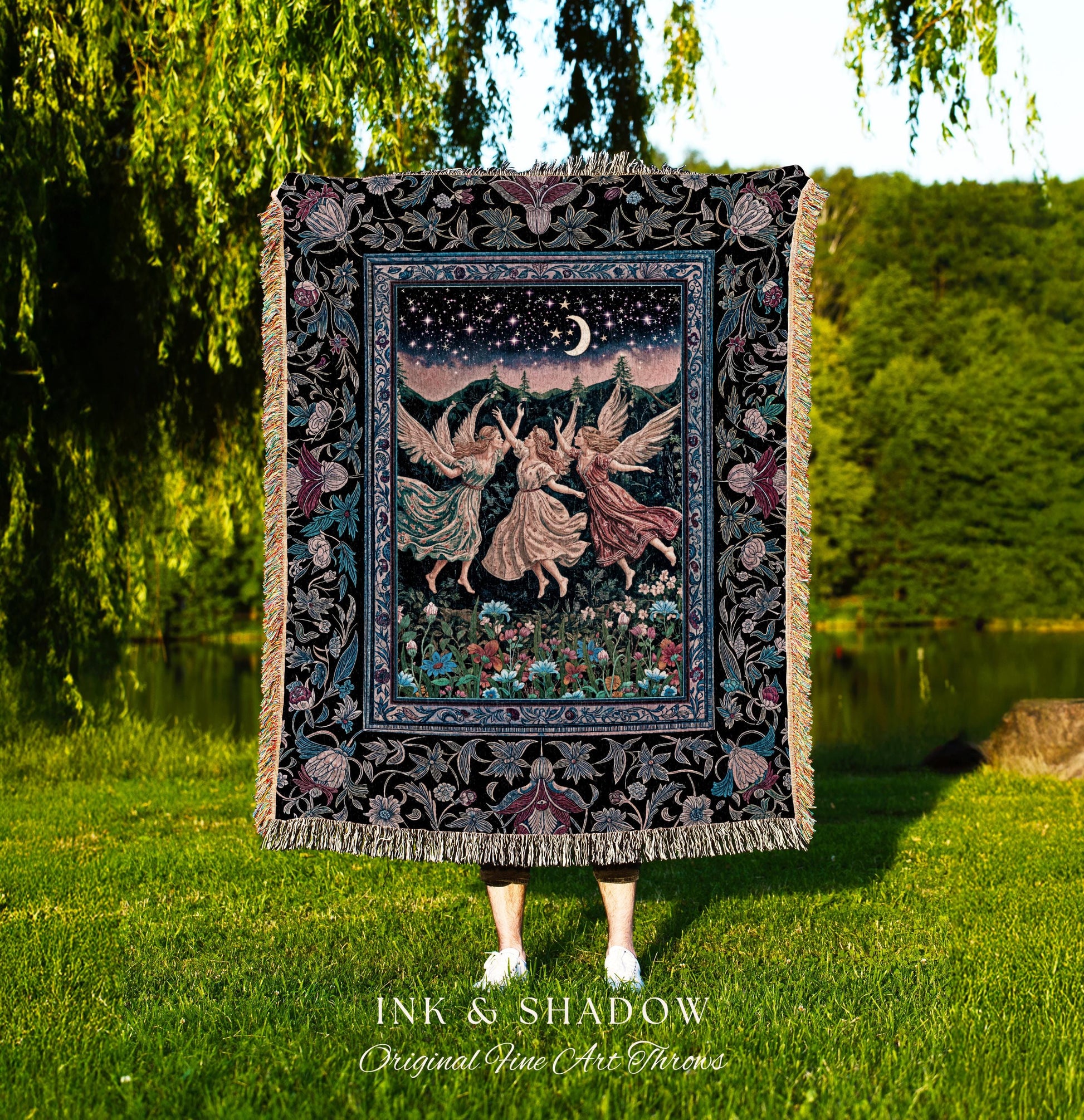 Nostalgic Fairytale Woodland Throw | Pastel Fairycore Dark Academia Blanket Medieval Angel Aesthetic Whimsical Woodland Enchanted Tapestry |