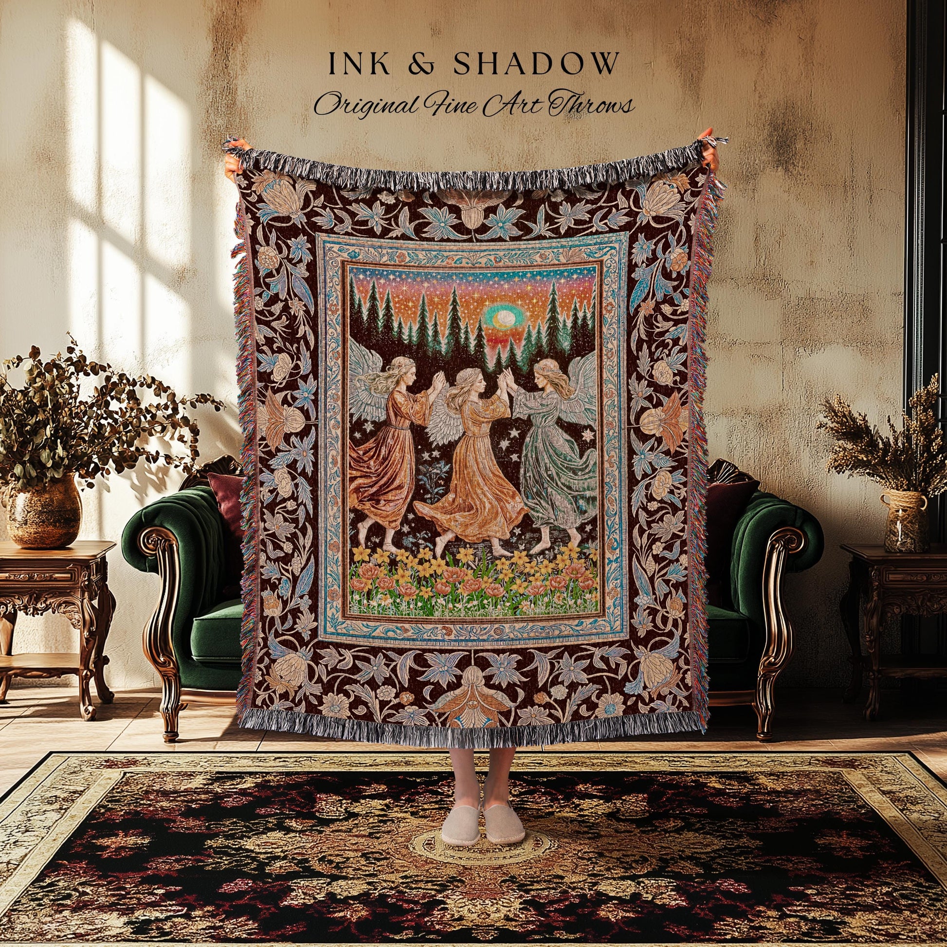 Retro Fairy Meadow Cozy Throw Blanket | Whimsigothic Wall Tapestry Cottagecore Dreamy Medieval Academia Aesthetic Mystic Folklore Enchanted