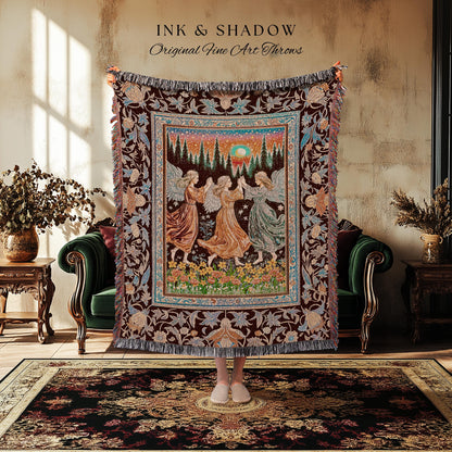 Retro Fairy Meadow Cozy Throw Blanket | Whimsigothic Wall Tapestry Cottagecore Dreamy Medieval Academia Aesthetic Mystic Folklore Enchanted