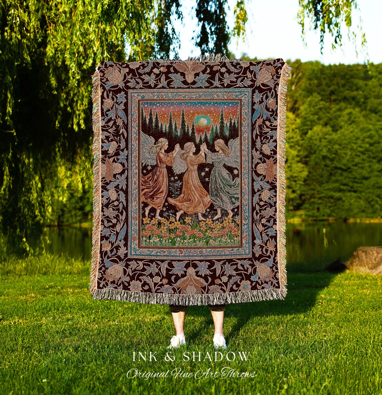 Retro Fairy Meadow Cozy Throw Blanket | Whimsigothic Wall Tapestry Cottagecore Dreamy Medieval Academia Aesthetic Mystic Folklore Enchanted