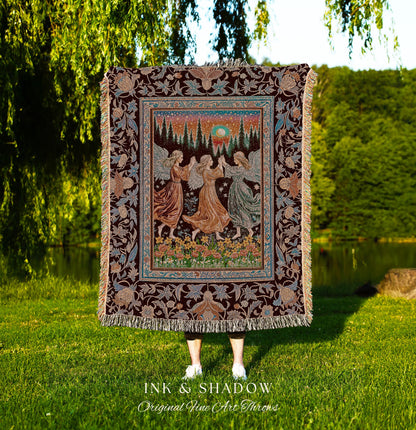 Retro Fairy Meadow Cozy Throw Blanket | Whimsigothic Wall Tapestry Cottagecore Dreamy Medieval Academia Aesthetic Mystic Folklore Enchanted