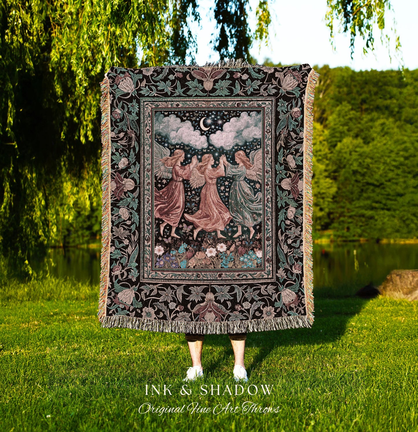 Medieval Pastel Angels Throw Blanket | Whimsical Fairytale Folklore Woven Tapestry Dark Academia Aesthetic Enchanted Cottagecore Ethereal |