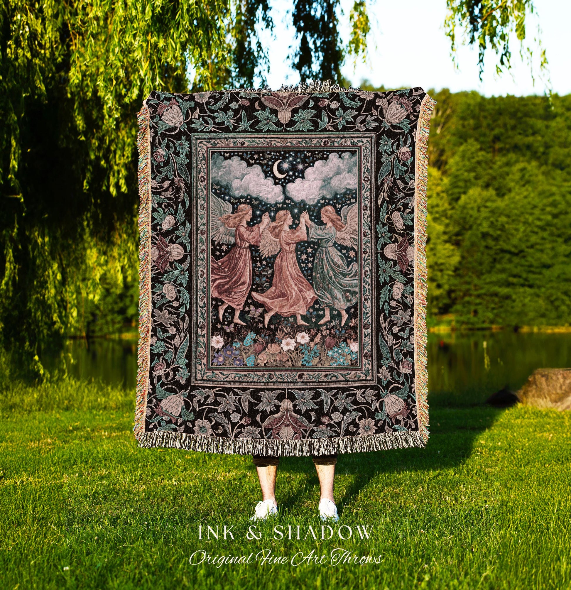 Medieval Pastel Angels Throw Blanket | Whimsical Fairytale Folklore Woven Tapestry Dark Academia Aesthetic Enchanted Cottagecore Ethereal |