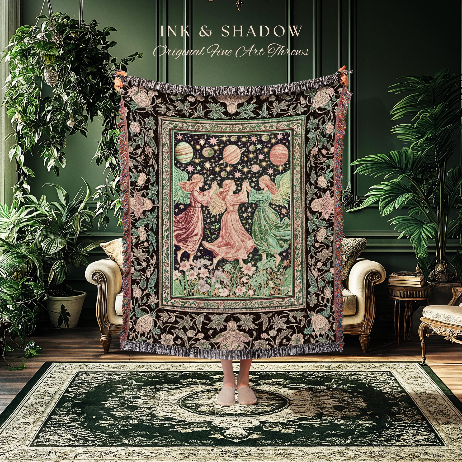 Astral Angels Whimsical Cozy Throw | Modern Medieval Fairycore Blanket Enchanted Dreamy Cottagecore Dark Academia Aesthetic Woven Tapestry |