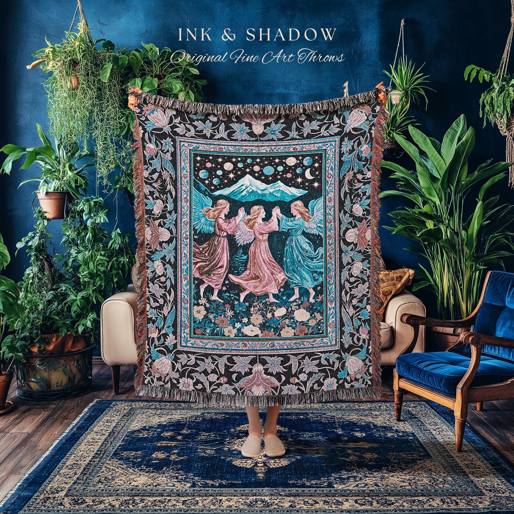 Mountain Maidens Ethereal Woven Tapestry | Whimsical Folklore Angels Enchanted Cottagecore Throw Blanket Medieval Fairycore Dark Academia |