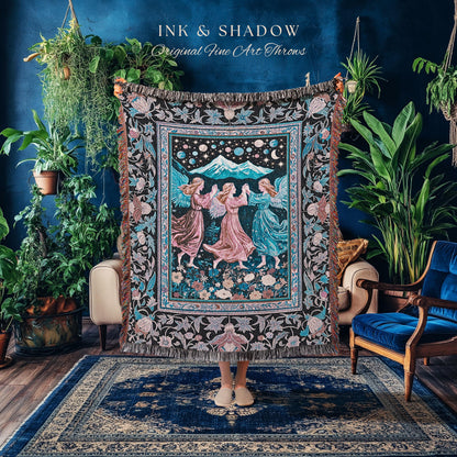 Mountain Maidens Ethereal Woven Tapestry | Whimsical Folklore Angels Enchanted Cottagecore Throw Blanket Medieval Fairycore Dark Academia |